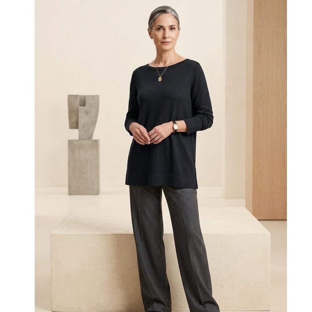Eileen Fisher Womens Black Italian Yarn Viscose Knit Boat Neck Tunic Sweater S